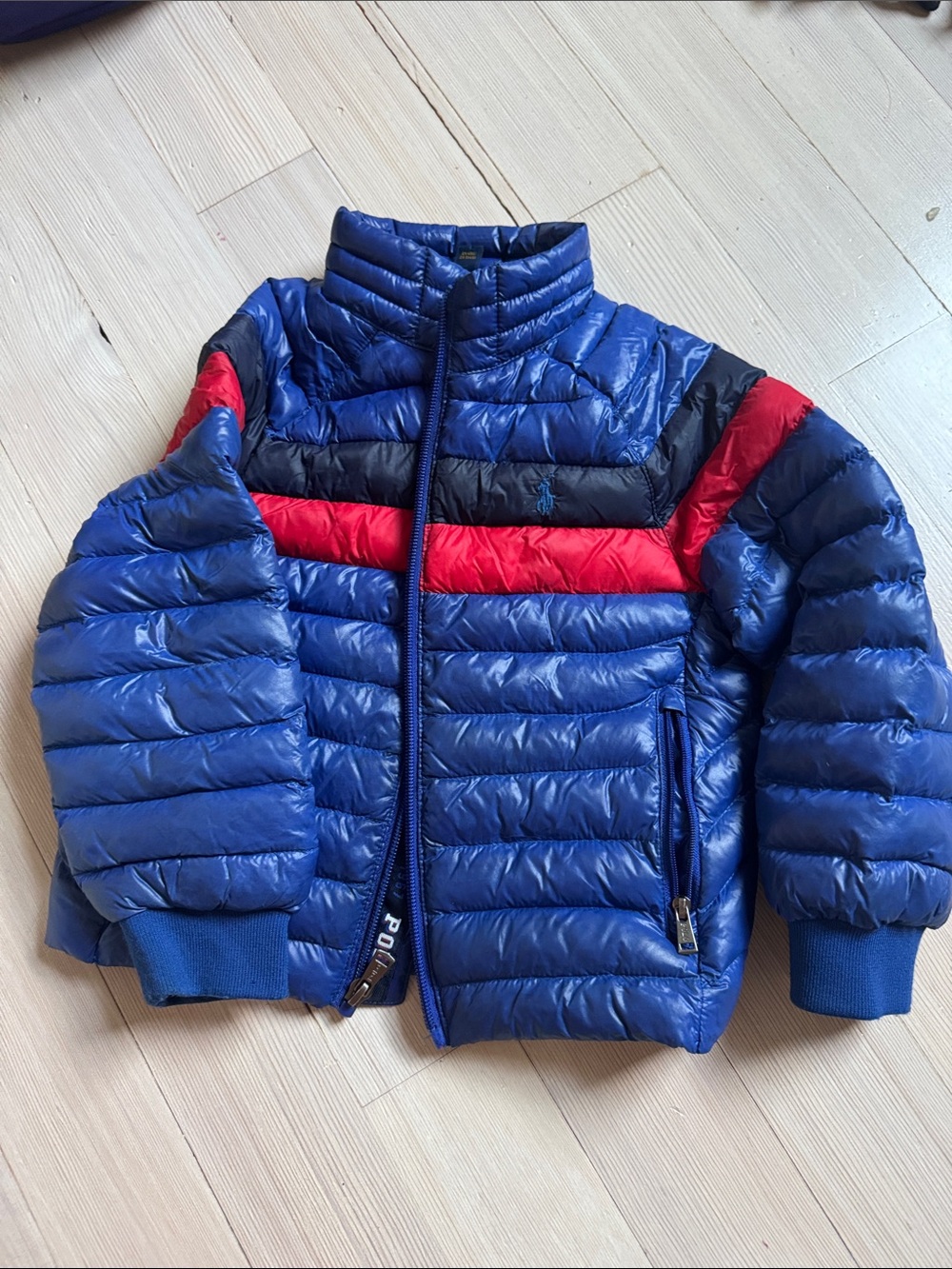 Polo Blue Puffer Jacket with Red Stripe